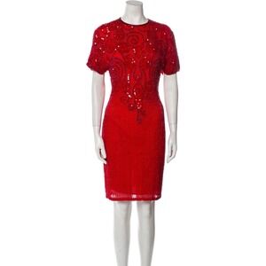 VTG Oleg Cassini Silk Red Beaded Sheath Dress Size 4 Classy Elegant